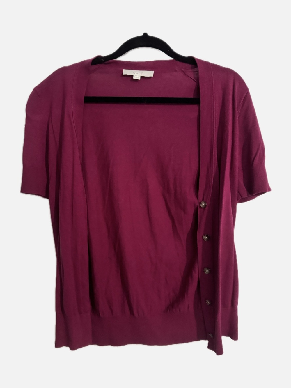 LOFT Short Sleeve Button Cardigan in Berry Plum